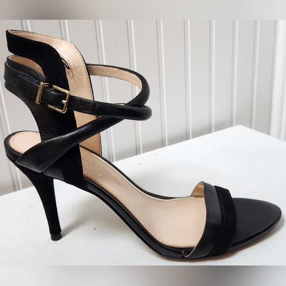 Sexy JESSICA SIMPSON Black Strappy Leather & Suede 4" Heel Sandals EUC - Picture 4 of 9